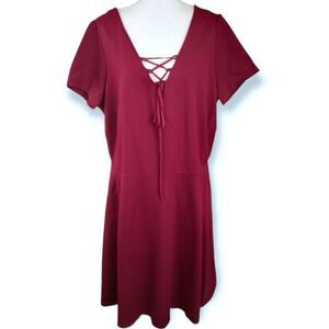 SOUL HARMONY ENERGY SHE RED LACE UP V-NECK DRESS SZ.1X EUC
